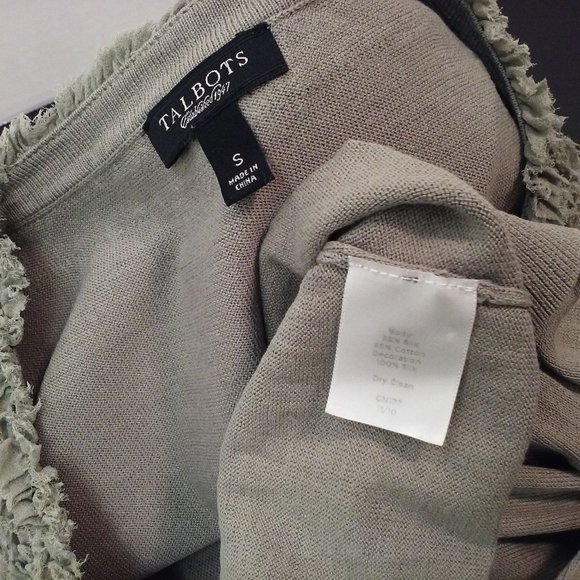 Talbots Silk-Cotton Fine Knit Cardigan Top Ladies sz-Small Fringe V-Neck Sage - Picture 9 of 10